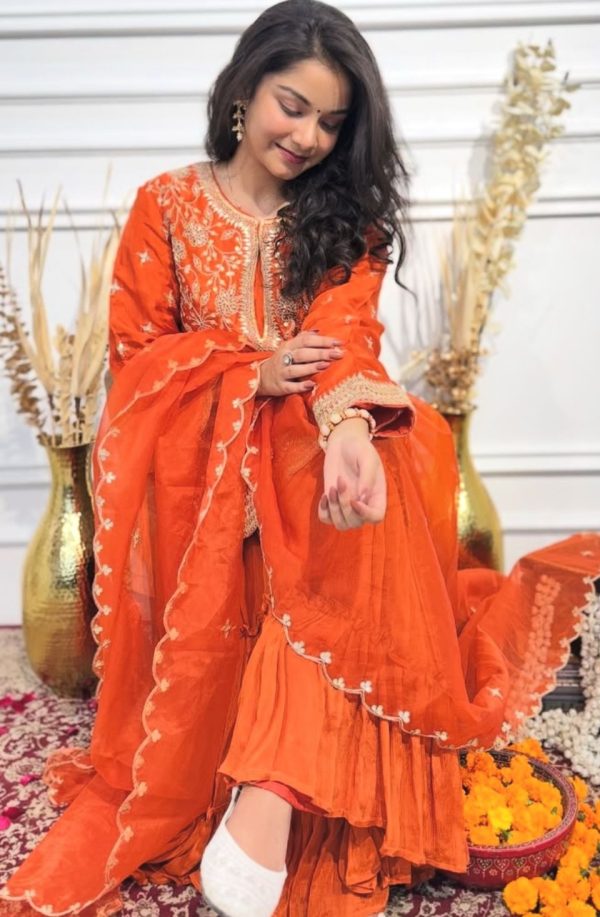 Superb Orange Color Chinon Silk Embroidery Work Salwar Suit