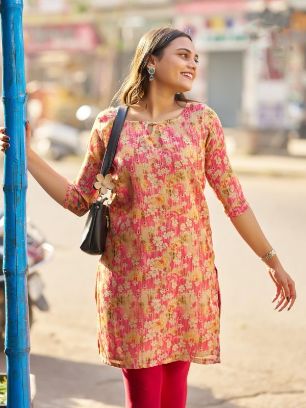 Superb Peach Color Simmer Silk Office Wear Printed Kurti