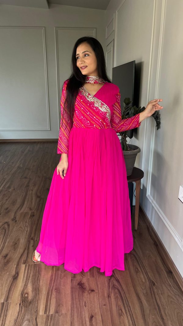 Superb Pink Color Bandhej With Fox Georgette 3mm Sequence Embroidery Work Anarkali Gown