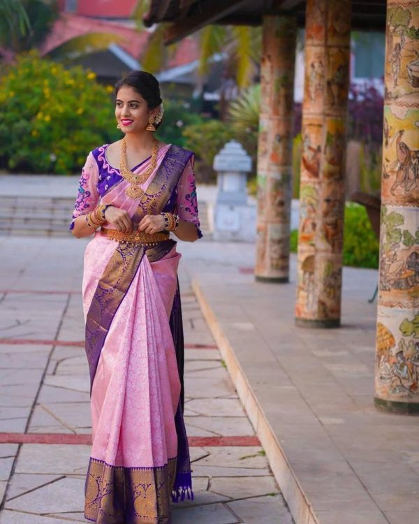 Superb Pink Color Soft Lichi Silk Jacquard Work On All Over Saree