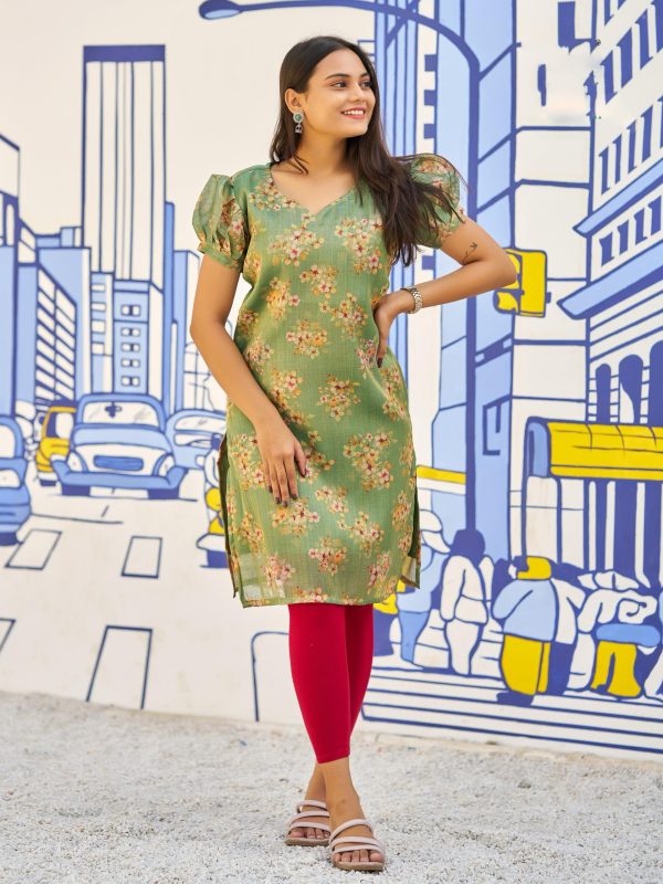 Superb Pista Color Simmer Silk Office Wear Printed Kurti