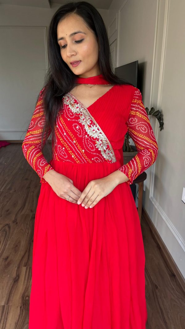 Superb Red Color Bandhej With Fox Georgette 3mm Sequence Embroidery Work Anarkali Gown