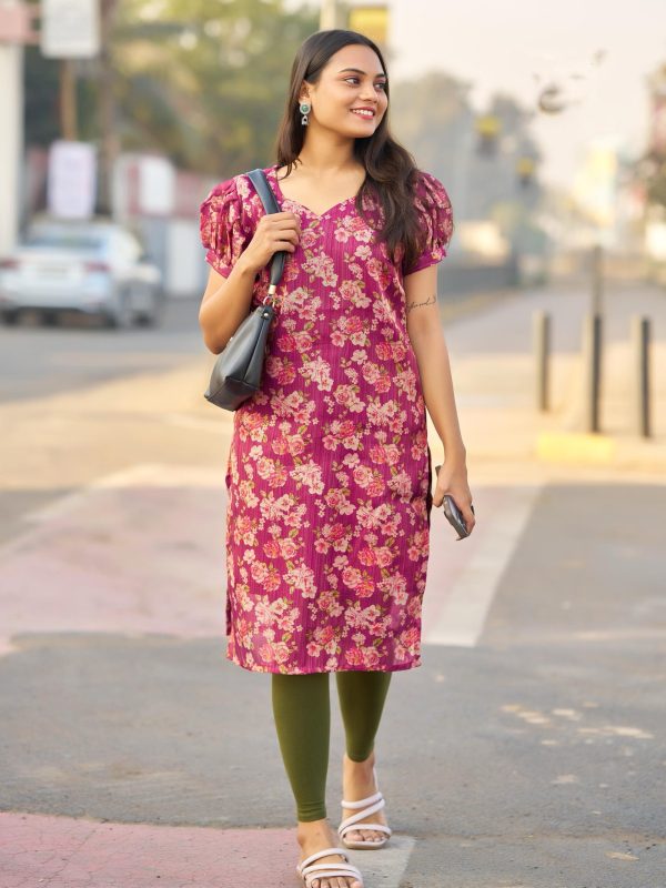 Superb Wine Color Simmer Silk Office Wear Printed Kurti