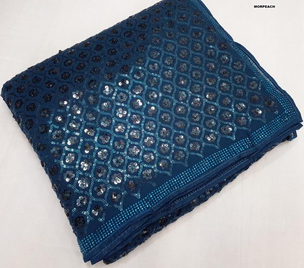 Glowing Dark Blue Color Georgette Dual Sequins 3MM & 5MM Embroidery Sequins Work Saree
