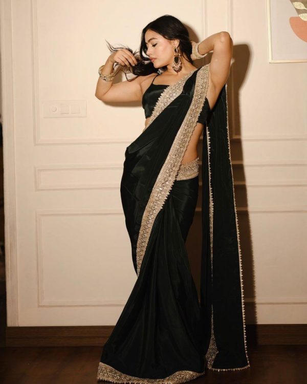Wonderful Black Color VI Chitra Silk Embroidery Sequence & Coadding Lace Border Saree