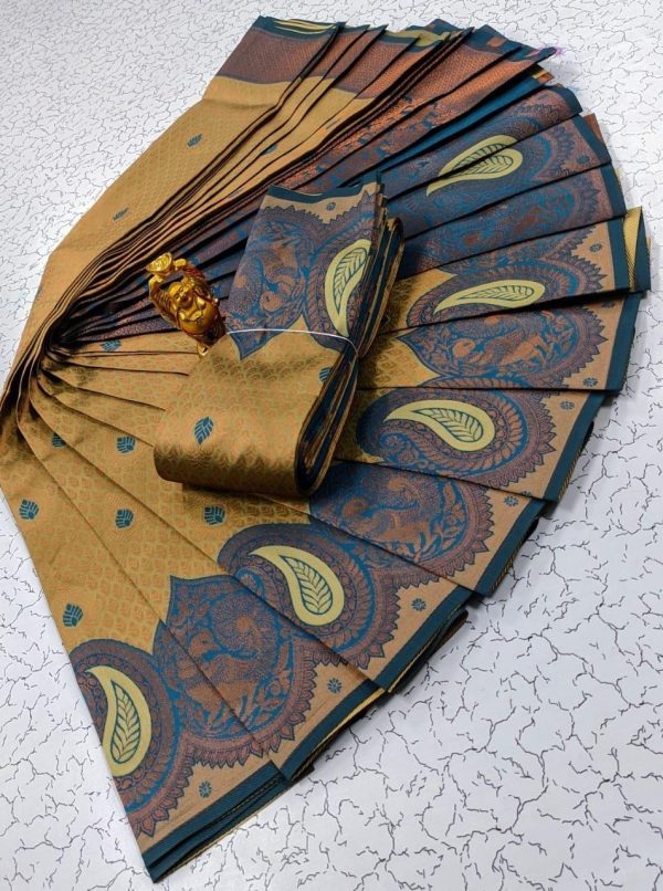 Wonderful Gold Color Soft Litchi Silk Contrast Border Weaving Design Saree