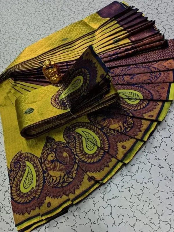 Wonderful Yellow Color Soft Litchi Silk Contrast Border Weaving Design Saree