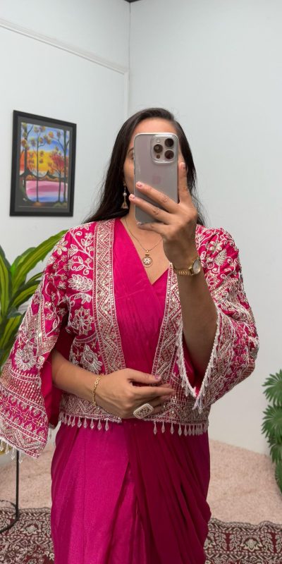 ST 1086 Pink Color Chinnon With Fully Embroidery Koti Ready To Wear Saree Wedding Party, Festive, Events Etc.4-6 Working Days@2049/- only | Bollywood Gowns, Creative Gowns, Designer Gowns, Embroidered Gowns, Gowns, Party Wear Gowns, Straight Suits