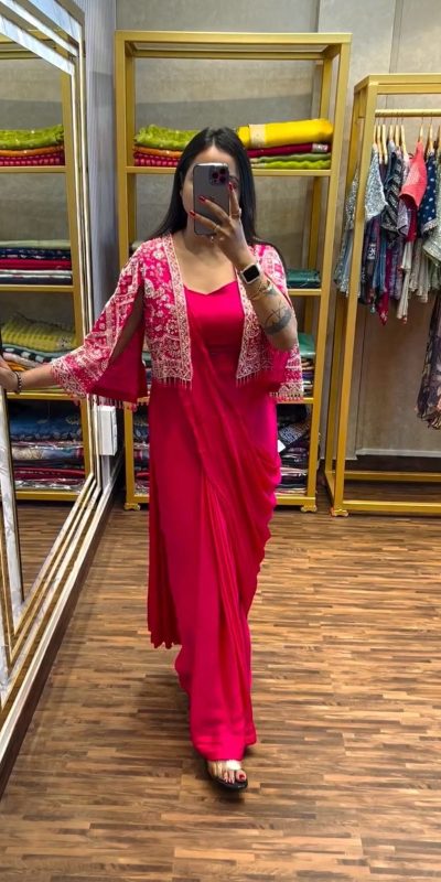 ST 1086 Pink Color Chinnon With Fully Embroidery Koti Ready To Wear Saree Wedding Party, Festive, Events Etc.4-6 Working Days@2049/- only | Bollywood Gowns, Creative Gowns, Designer Gowns, Embroidered Gowns, Gowns, Party Wear Gowns, Straight Suits