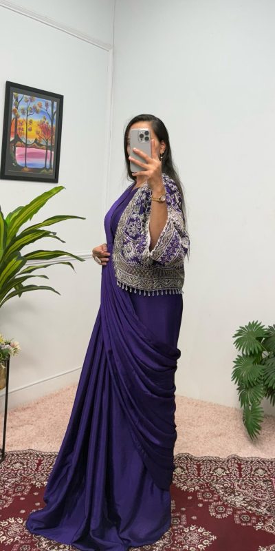 ST 1086 Purple Color Chinnon With Fully Embroidery Koti Ready To Wear Saree Wedding Party, Festive, Events Etc.4-6 Working Days@2049/- only | Bollywood Gowns, Creative Gowns, Designer Gowns, Embroidered Gowns, Gowns, Party Wear Gowns, Straight Suits