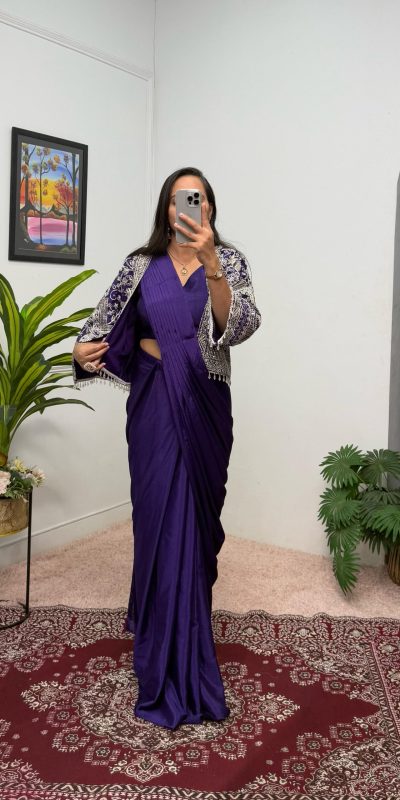 ST 1086 Purple Color Chinnon With Fully Embroidery Koti Ready To Wear Saree Wedding Party, Festive, Events Etc.4-6 Working Days@2049/- only | Bollywood Gowns, Creative Gowns, Designer Gowns, Embroidered Gowns, Gowns, Party Wear Gowns, Straight Suits