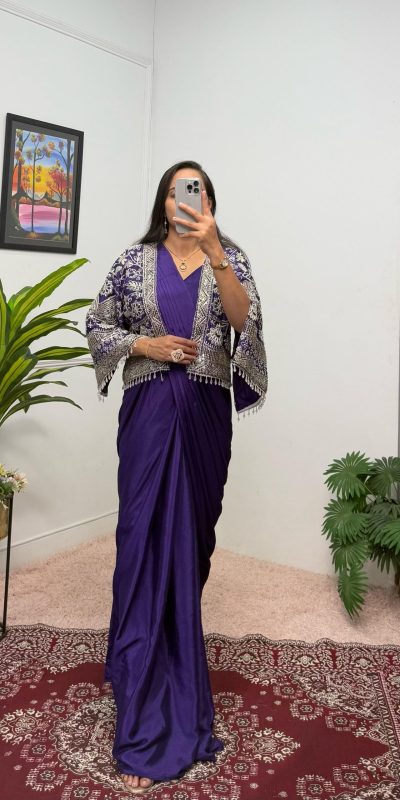 ST 1086 Purple Color Chinnon With Fully Embroidery Koti Ready To Wear Saree Wedding Party, Festive, Events Etc.4-6 Working Days@2049/- only | Bollywood Gowns, Creative Gowns, Designer Gowns, Embroidered Gowns, Gowns, Party Wear Gowns, Straight Suits
