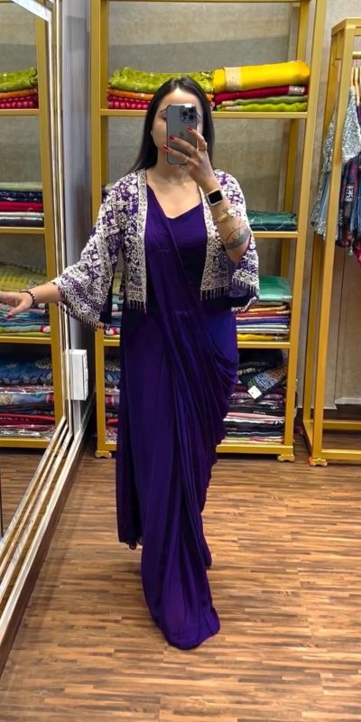 ST 1086 Purple Color Chinnon With Fully Embroidery Koti Ready To Wear Saree Wedding Party, Festive, Events Etc.4-6 Working Days@2049/- only | Bollywood Gowns, Creative Gowns, Designer Gowns, Embroidered Gowns, Gowns, Party Wear Gowns, Straight Suits