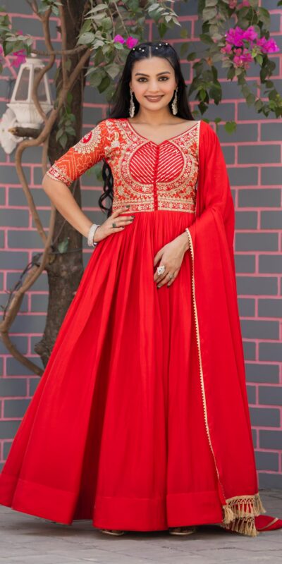 Ram 088 Red Color chinon bandhrej Heavy 3mm Sequence Embroidery Work Anarkali Gown Wedding Party, Festive, Events Etc.4-6 Working Days@2049/- only | Bollywood Gowns, Creative Gowns, Designer Gowns, Embroidered Gowns, Gowns, Party Wear Gowns, Straight Suits