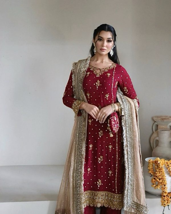 LG 1923 Red Color Faux Georgette With Sequence Handmade Moti Work Salwar Suit Casual, Wedding, Party, Festive, Events Etc.4-6 Working Days@ 2149/-only | Casual Suits, Jump Suits, Creative suits, Designer Suits, Palazzo Suits, Party Wear Suits, Patiala Suits, Salwar suit, Straight Suits