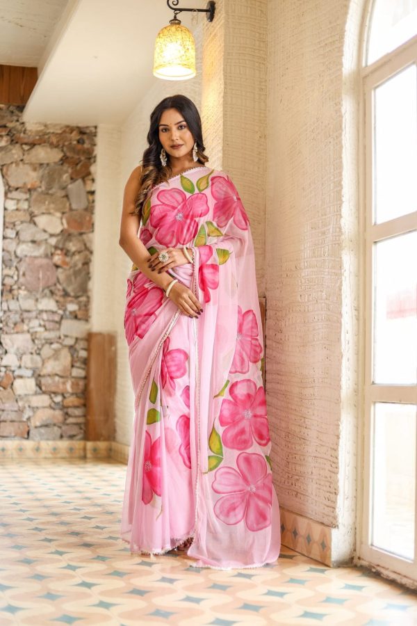 Aglow Pink Color Pure Soft Georgette Silk All Over Saree