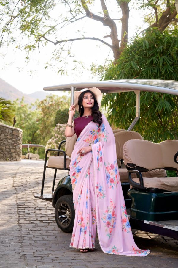 Amazing Light Pink Color Weightless Marble Floral Printed Saree
