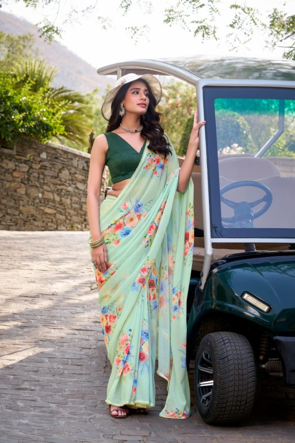 Amazing Light Pista Color Weightless Marble Floral Printed Saree