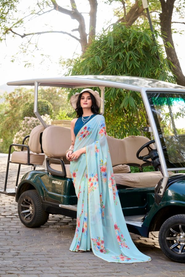 Amazing Sky blue Color Weightless Marble Floral Printed Saree
