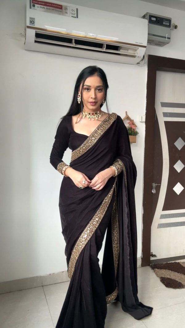 Beautiful Black Color Pure 9000 Velvet With Embroidery Lace Border Saree