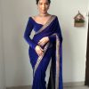 Beautiful Royal Blue Color Pure 9000 Velvet With Embroidery Lace Border Saree