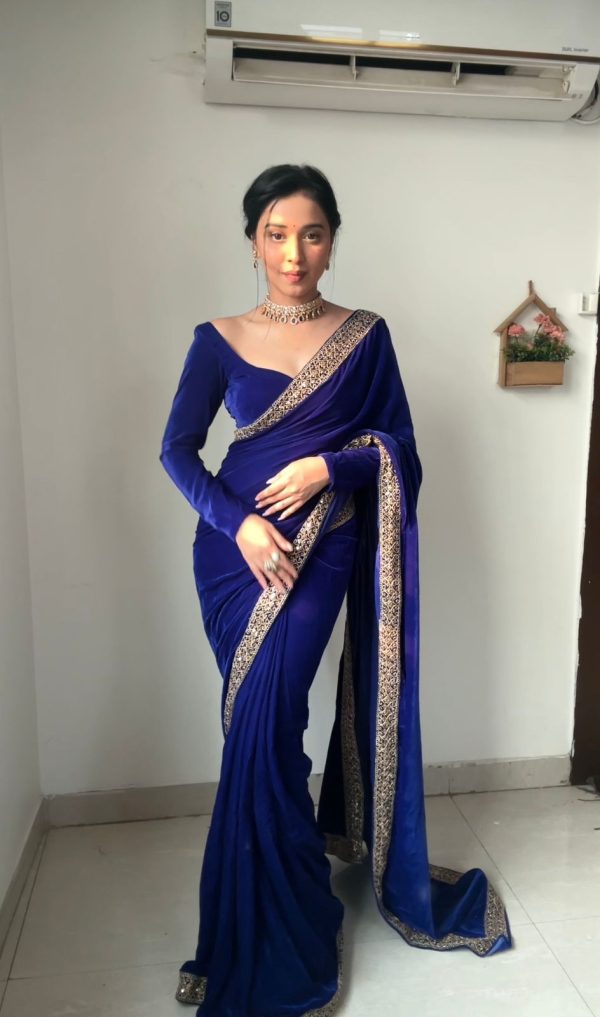 Beautiful Royal Blue Color Pure 9000 Velvet With Embroidery Lace Border Saree
