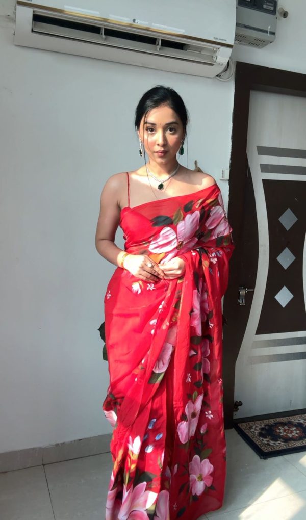 Brid Red Color Soft Organza Silk Ready To Wear Saree