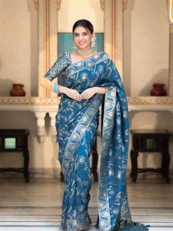 Bright Blue Color Soft Litchi Silk All Over Weaving Saree