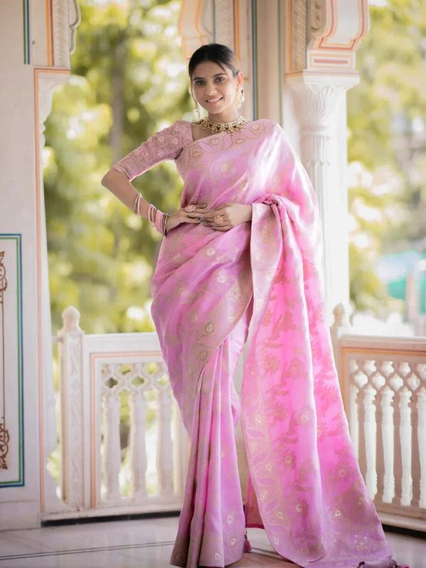 Bright Light Pink Color Soft Litchi Silk All Over Weaving Saree