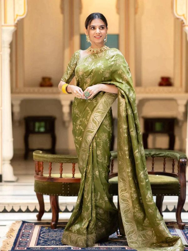 Bright Mehandi Color Soft Litchi Silk All Over Weaving Saree