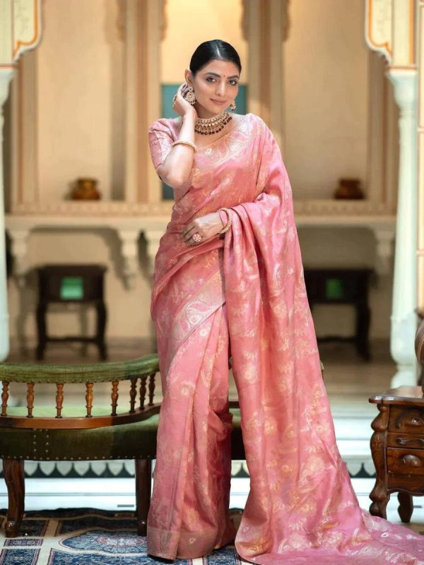 Bright Peach Color Soft Litchi Silk All Over Weaving Saree