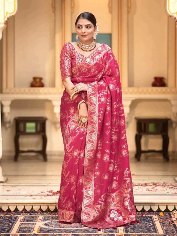 Bright Rani Pink Color Soft Litchi Silk All Over Weaving Saree