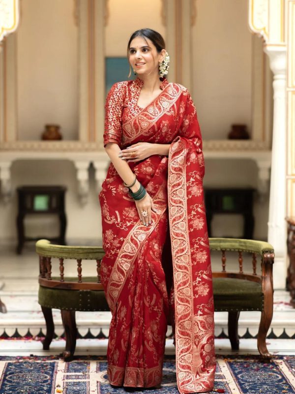Bright Red Color Soft Litchi Silk All Over Weaving Saree
