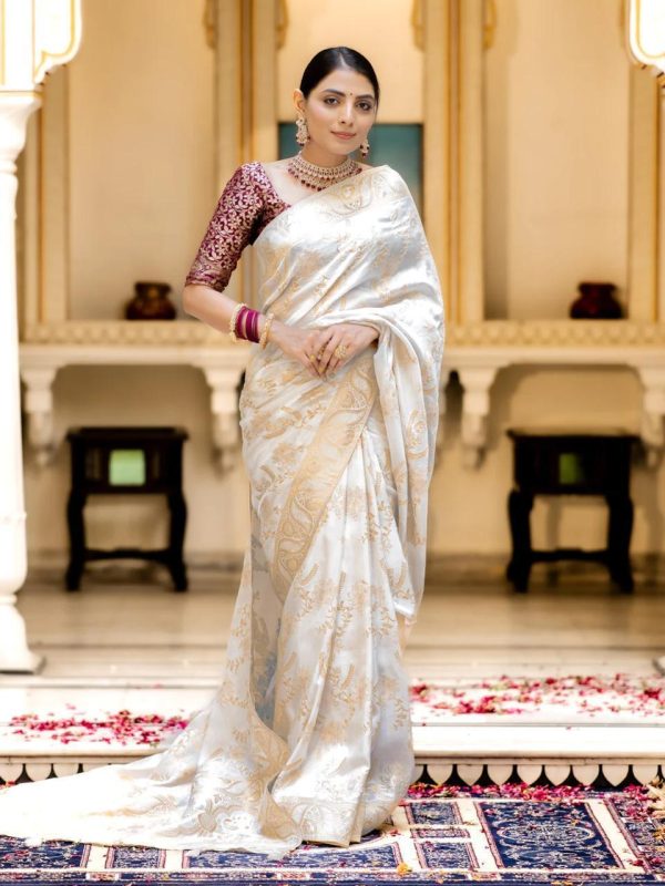 Bright White Color Soft Litchi Silk All Over Weaving Saree