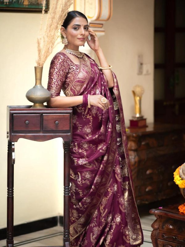 Bright Wine Color Soft Litchi Silk All Over Weaving Saree