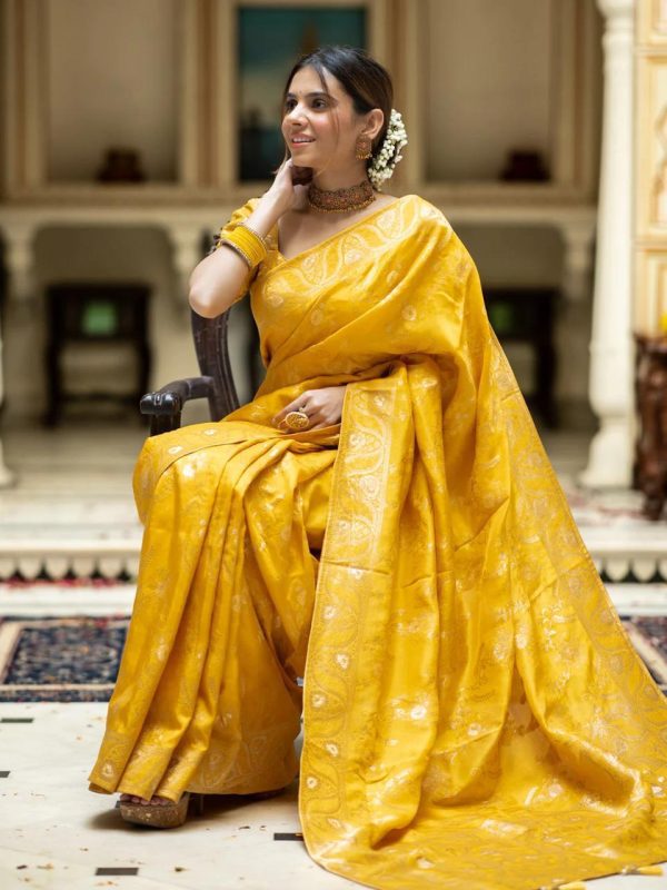 Bright Yellow Color Soft Litchi Silk All Over Weaving Saree