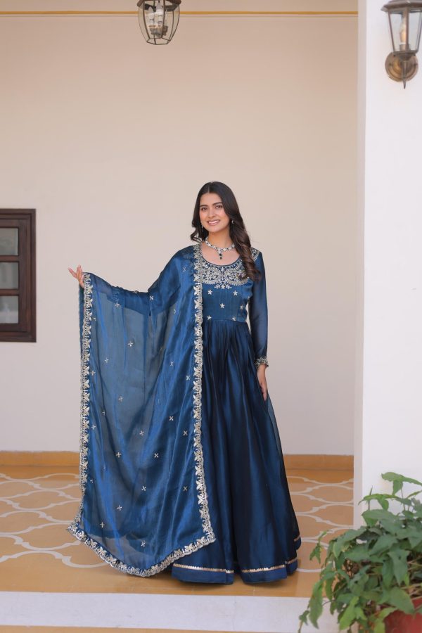 Classic Blue Color Burberry Silk Sequence Work Readmit Less Gown