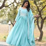 Classic Rama Color Chinon Sequence With Thread Work Gown