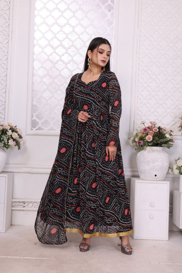 Cool Black Color Georgette Print With Lace Work Gown