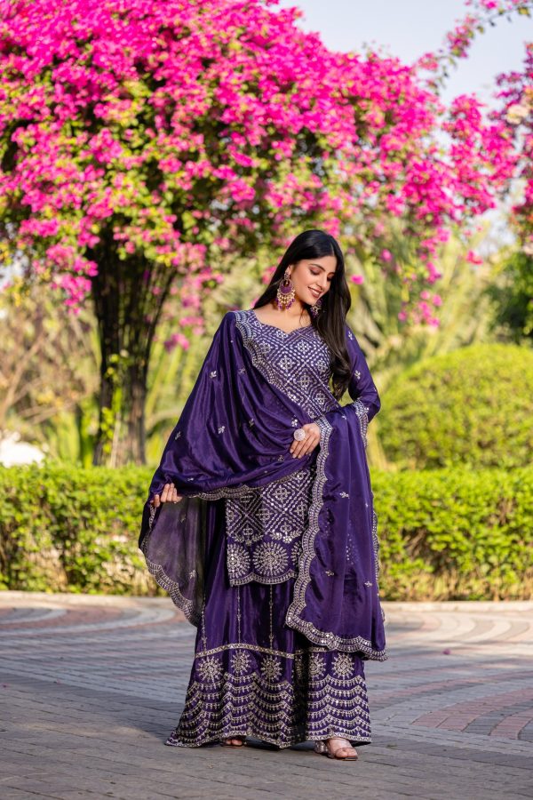 Cool Royal Purple Color Chinon Thread Sequence Work Salwar Suit
