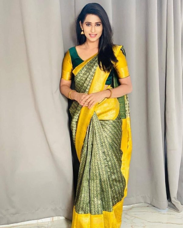 Cute Green Color Lichi Silk Jacquard Work On All Over Saree