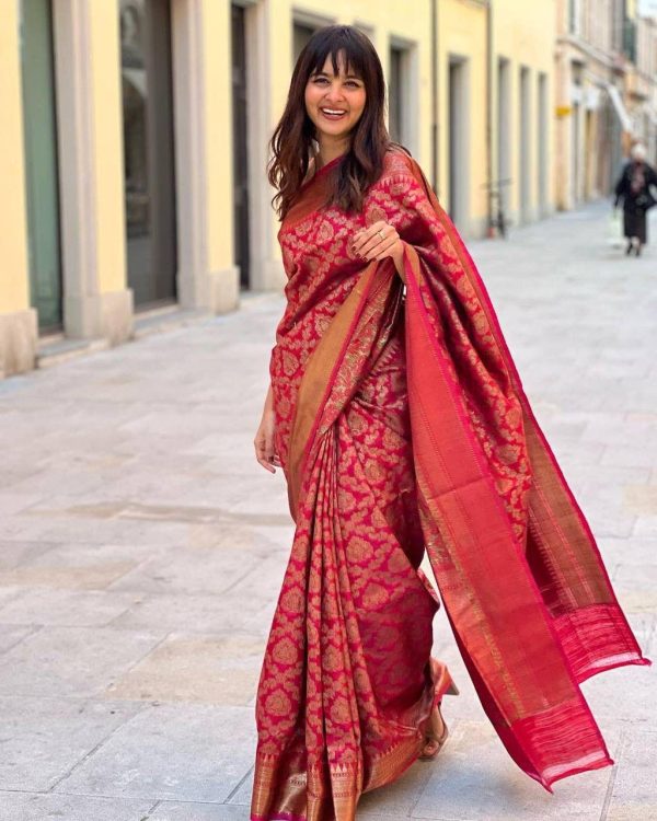 Fancy Red Color Soft Litchi Silk Jacquard Work Saree