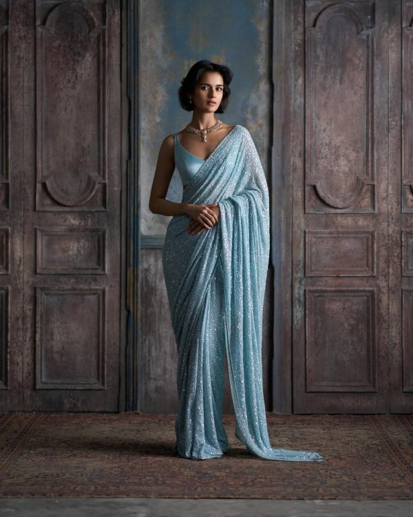 Fancy Sky Blue Color Georgette Khichdi Sequence Work Saree