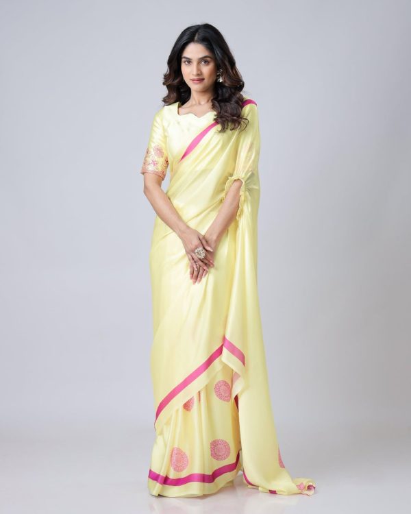 Glowing Lemon Yellow Color Japan Satin Digital Print Work Saree