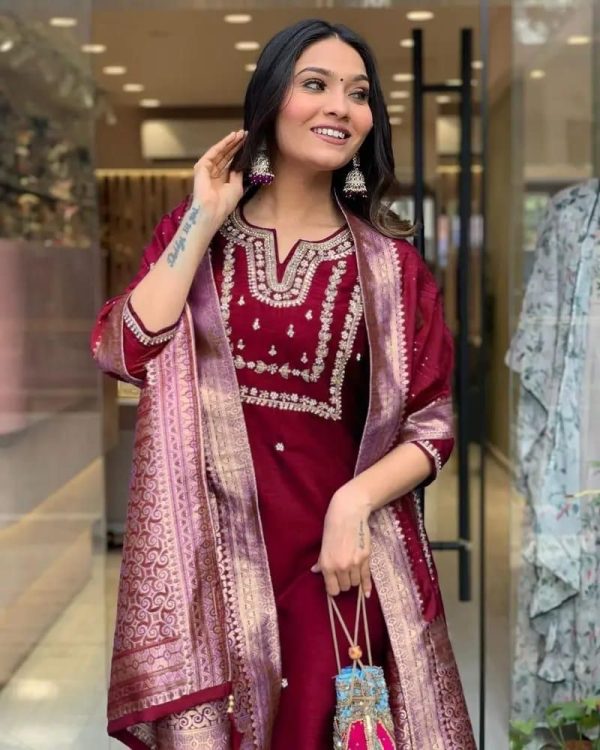 Glowing Maroon Color Roman Silk Coding Work Salwar Suit