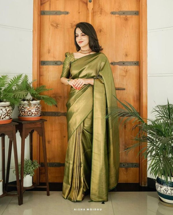 Glowing Mehndi Color Lichi Silk Jacquard Work On All Over Saree