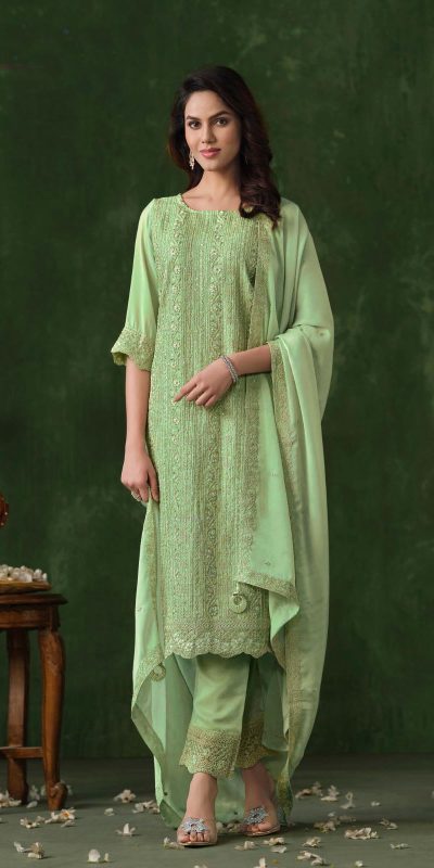 Glowing Pista Color Rangoli Coding Sequence Work Salwar Suit