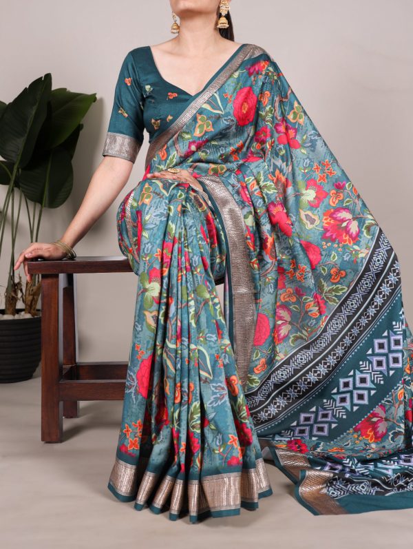 Glowing Rama Blue Color Tushar Silk With Viscose Border Printed Saree