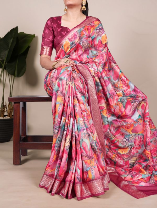 Glowing Rani Pink Color Tushar Silk With Viscose Border Printed Saree