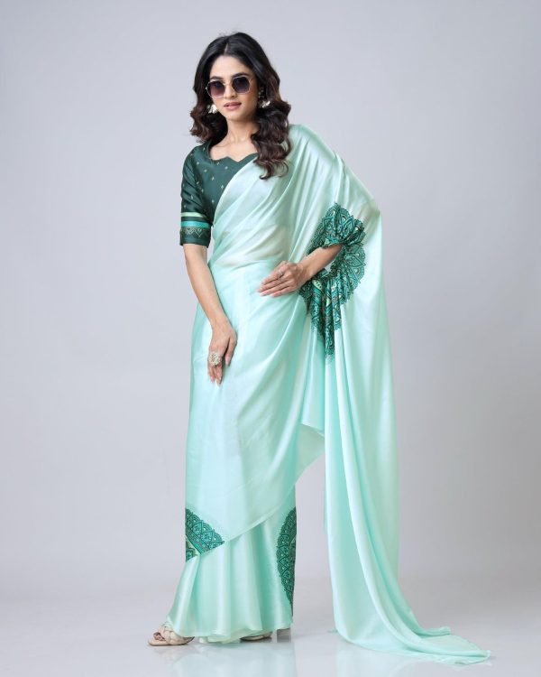 Glowing Sea Green Color Japan Satin Digital Print Work Saree
